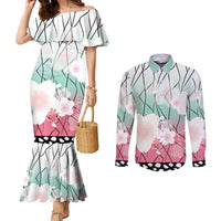 Japanese Kocho Pattern Couples Matching Mermaid Dress and Long Sleeve Button Shirt Insect Pillar Butterfly Flower Fairy - Polynesian Pride