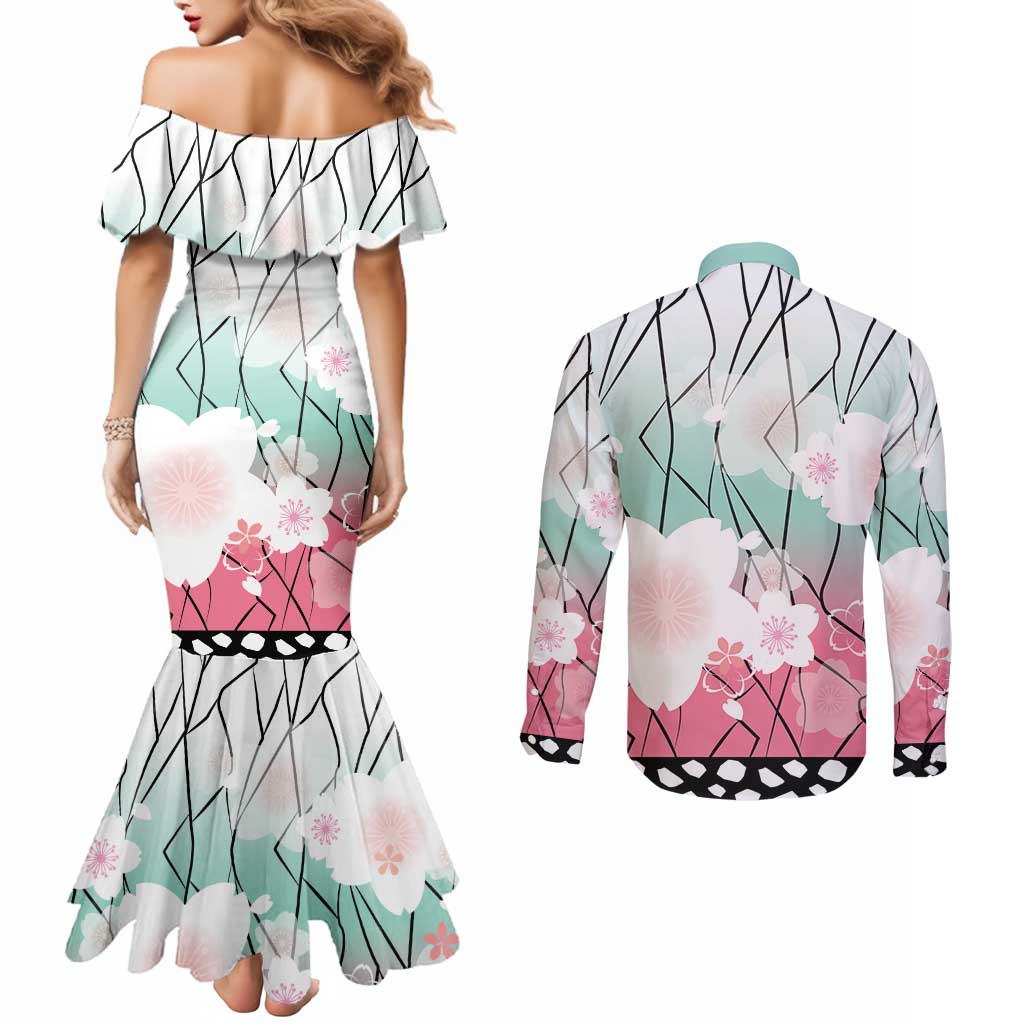 Japanese Kocho Pattern Couples Matching Mermaid Dress and Long Sleeve Button Shirt Insect Pillar Butterfly Flower Fairy - Polynesian Pride