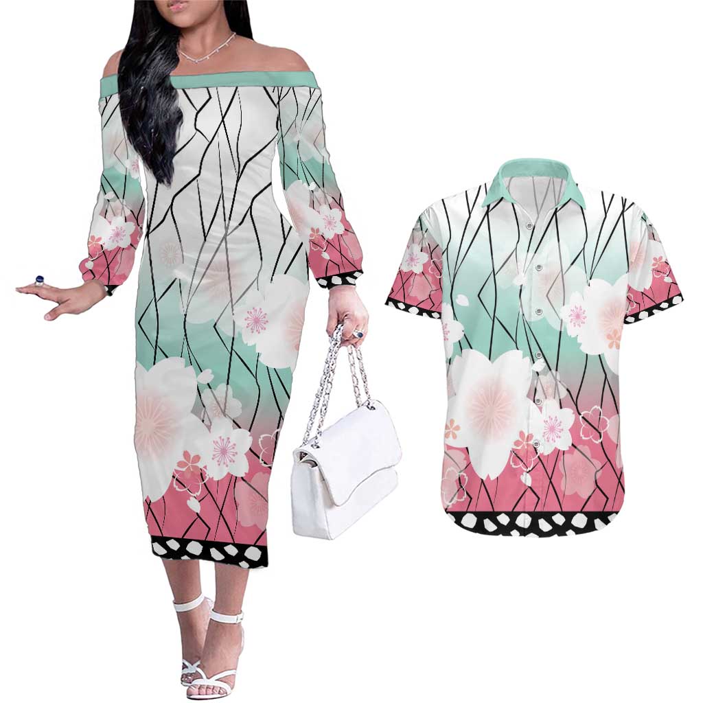 Japanese Kocho Pattern Couples Matching Off The Shoulder Long Sleeve Dress and Hawaiian Shirt Insect Pillar Butterfly Flower Fairy LT9 Pink - Polynesian Pride