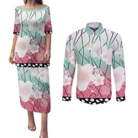 Japanese Kocho Pattern Couples Matching Puletasi and Long Sleeve Button Shirt Insect Pillar Butterfly Flower Fairy - Polynesian Pride