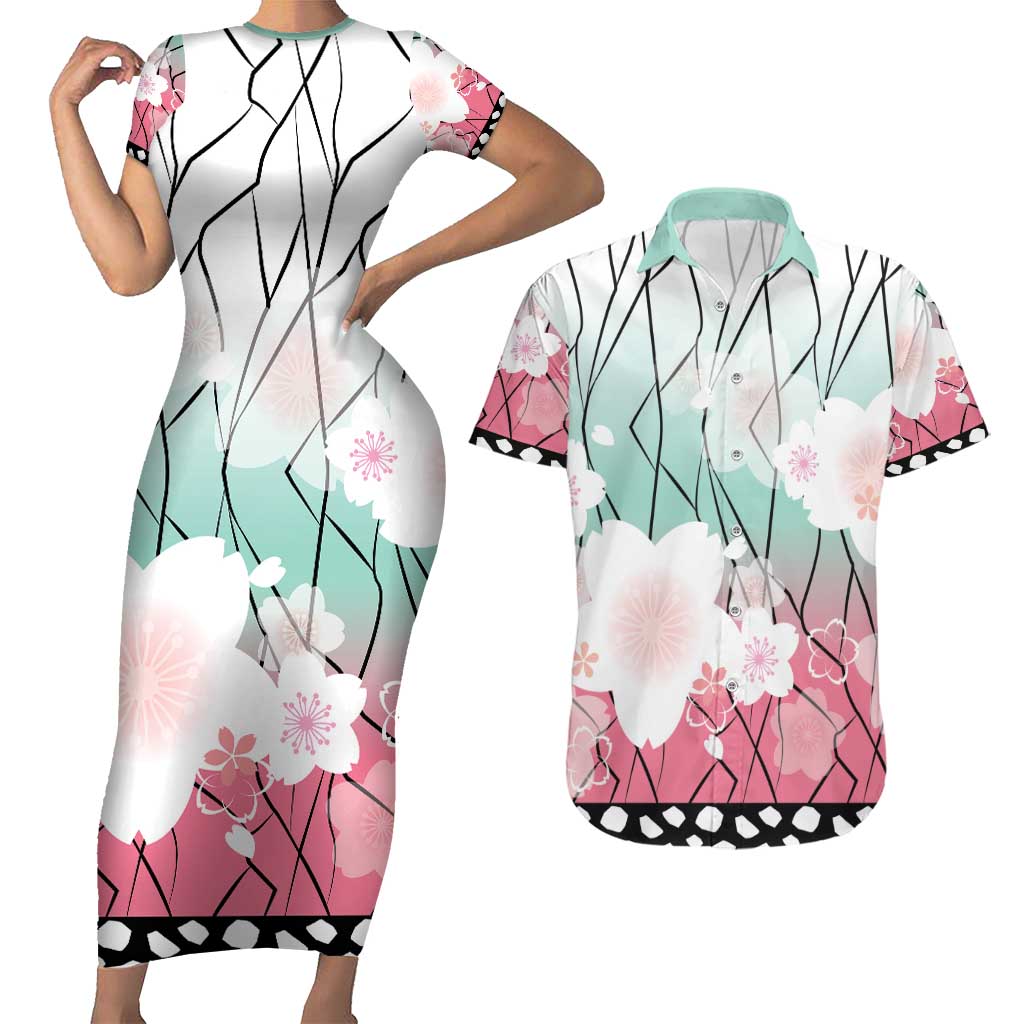 Japanese Kocho Pattern Couples Matching Short Sleeve Bodycon Dress and Hawaiian Shirt Insect Pillar Butterfly Flower Fairy LT9 Pink - Polynesian Pride