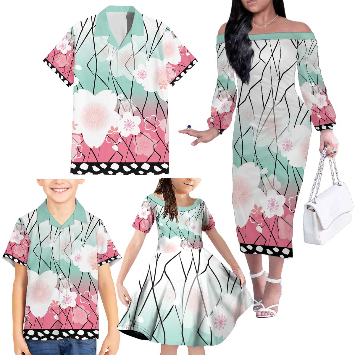 Japanese Kocho Pattern Family Matching Off The Shoulder Long Sleeve Dress and Hawaiian Shirt Insect Pillar Butterfly Flower Fairy LT9 - Polynesian Pride