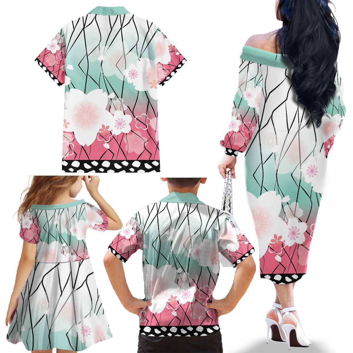 Japanese Kocho Pattern Family Matching Off The Shoulder Long Sleeve Dress and Hawaiian Shirt Insect Pillar Butterfly Flower Fairy LT9 - Polynesian Pride
