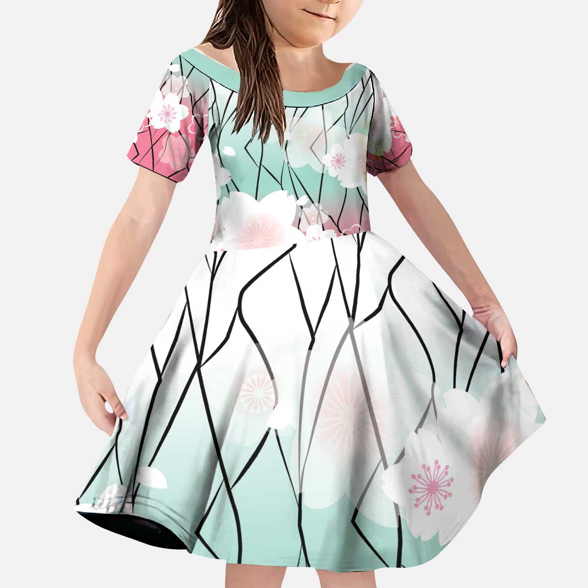 Japanese Kocho Pattern Kid Short Sleeve Dress Insect Pillar Butterfly Flower Fairy - Polynesian Pride