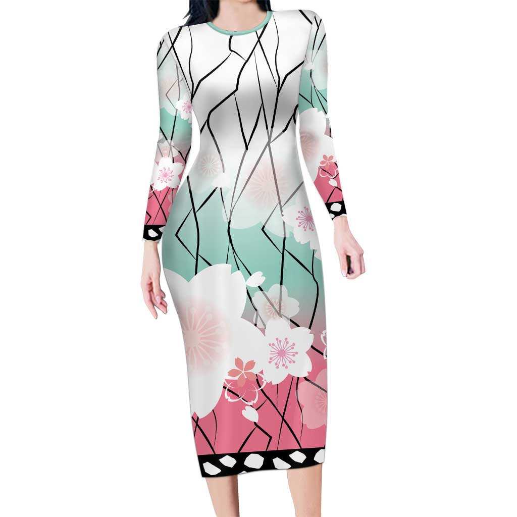 Japanese Kocho Pattern Long Sleeve Bodycon Dress Insect Pillar Butterfly Flower Fairy - Polynesian Pride