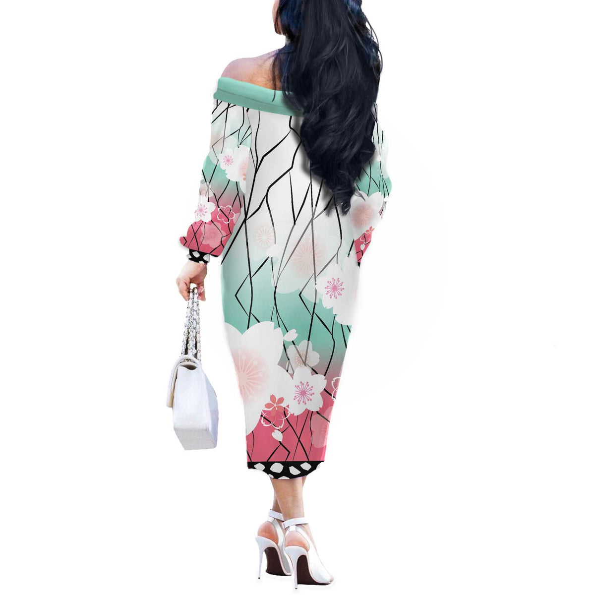 Japanese Kocho Pattern Off The Shoulder Long Sleeve Dress Insect Pillar Butterfly Flower Fairy - Polynesian Pride