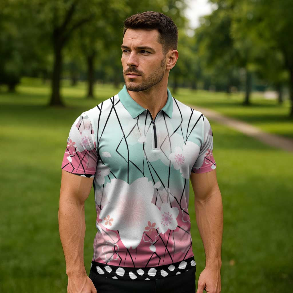 Japanese Kocho Pattern Zipper Polo Shirt Insect Pillar Butterfly Flower Fairy - Polynesian Pride