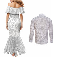 Samoa Lotu Tamait Couples Matching Mermaid Dress and Long Sleeve Button Shirts Tropical Plant White Sunday With Polynesia Pattern LT9 - Polynesian Pride