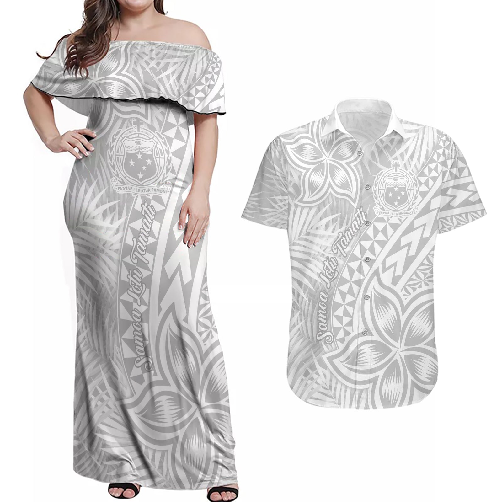 Samoa Lotu Tamait Couples Matching Off Shoulder Maxi Dress and Hawaiian Shirt Tropical Plant White Sunday With Polynesia Pattern LT9 White - Polynesian Pride