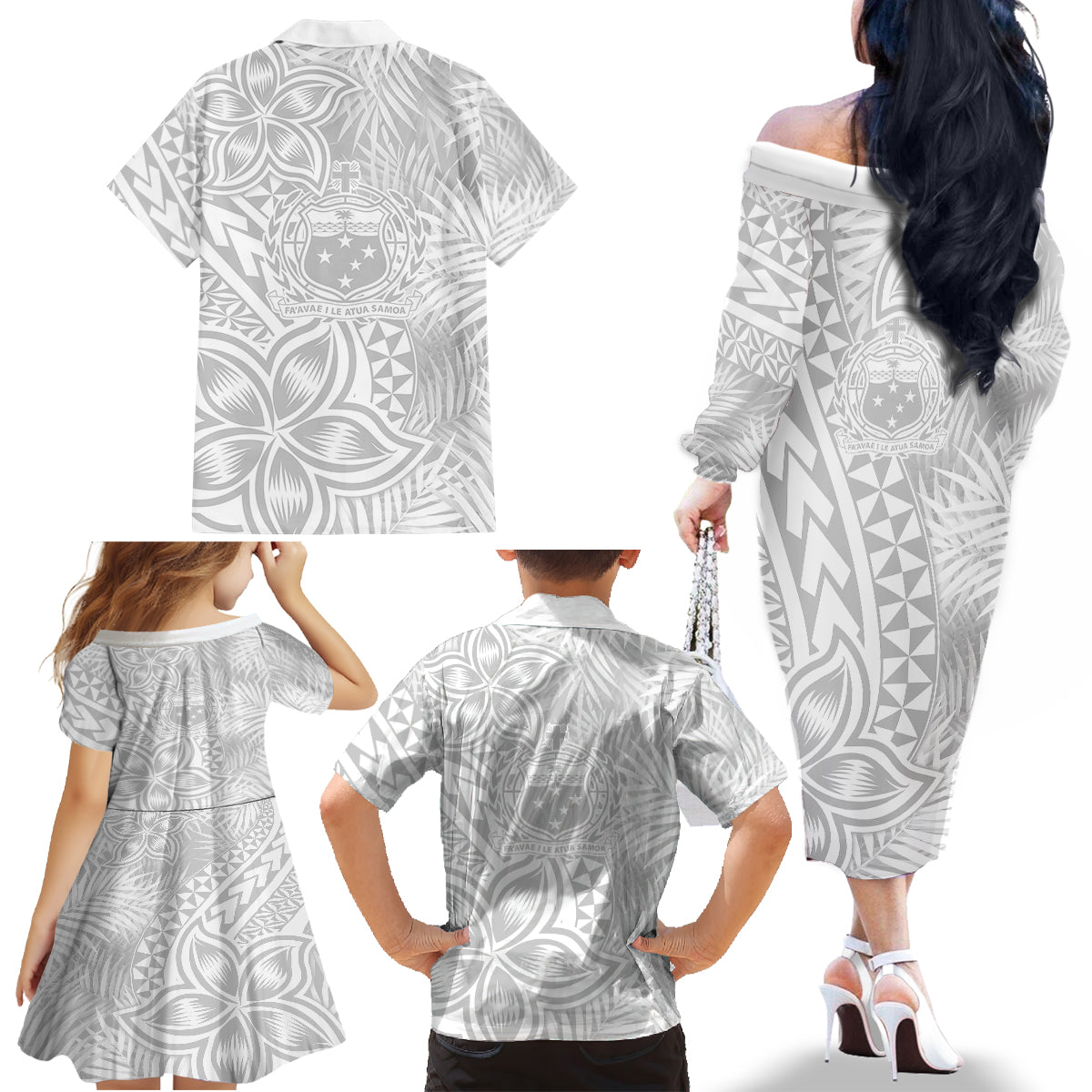 Samoa Lotu Tamait Family Matching Off Shoulder Long Sleeve Dress and Hawaiian Shirt Tropical Plant White Sunday With Polynesia Pattern LT9 - Polynesian Pride