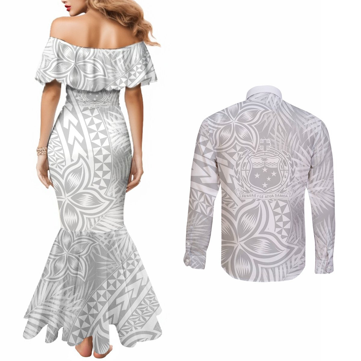 Personalised Samoa Lotu Tamait Couples Matching Mermaid Dress and Long Sleeve Button Shirts Tropical Plant White Sunday With Polynesia Pattern LT9 - Polynesian Pride