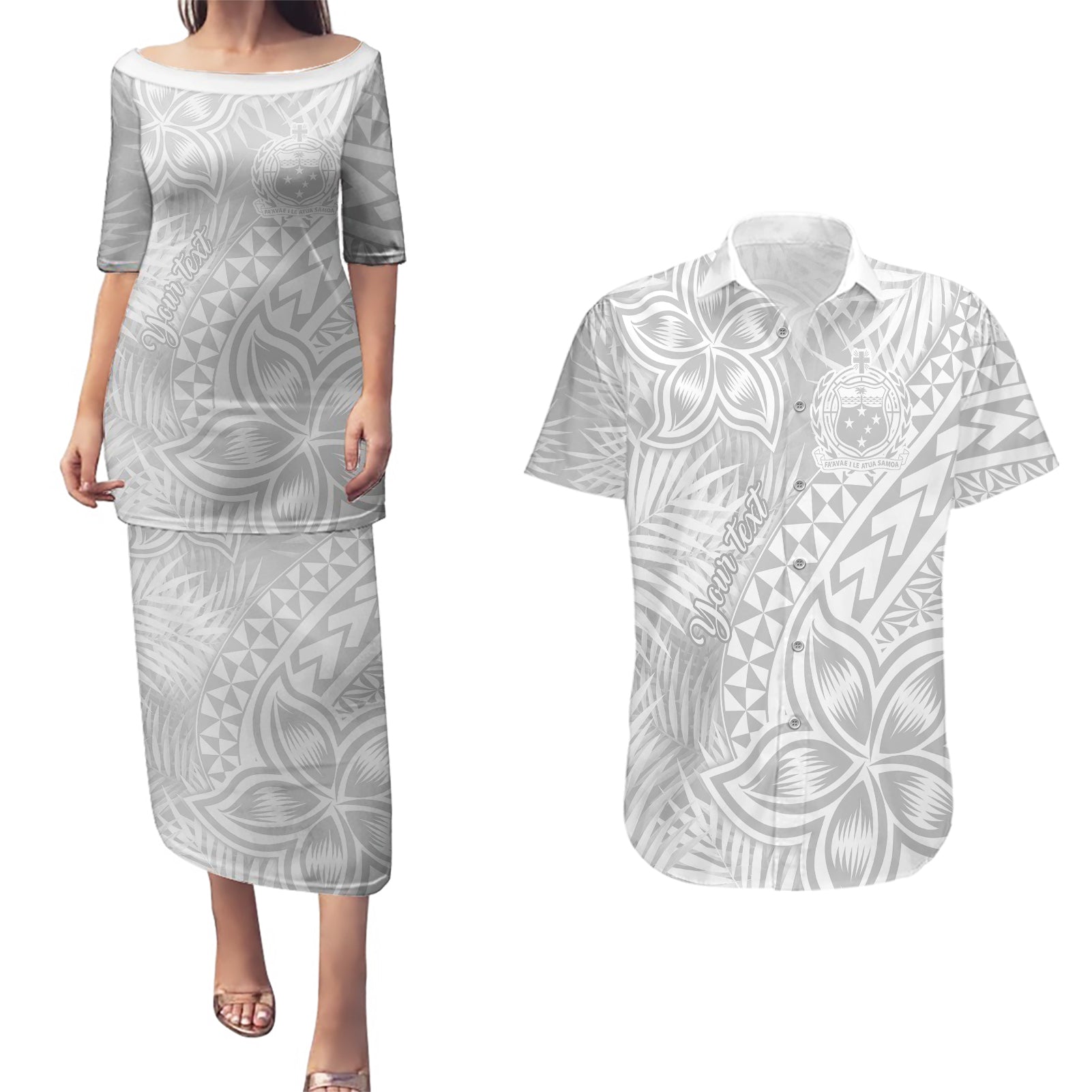 Personalised Samoa Lotu Tamait Couples Matching Puletasi Dress and Hawaiian Shirt Tropical Plant White Sunday With Polynesia Pattern LT9 White - Polynesian Pride