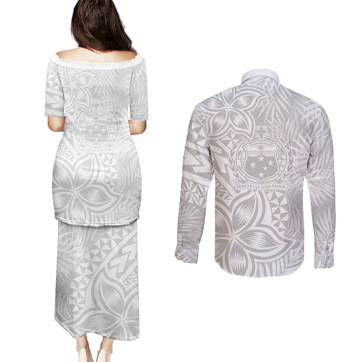Personalised Samoa Lotu Tamait Couples Matching Puletasi Dress and Long Sleeve Button Shirts Tropical Plant White Sunday With Polynesia Pattern LT9 - Polynesian Pride