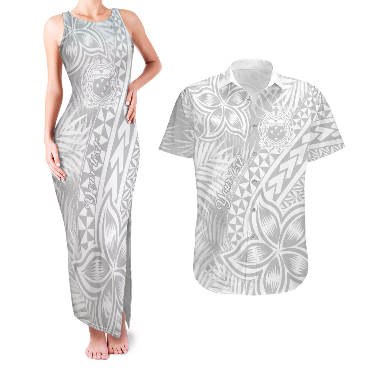 Personalised Samoa Lotu Tamait Couples Matching Tank Maxi Dress and Hawaiian Shirt Tropical Plant White Sunday With Polynesia Pattern LT9 White - Polynesian Pride