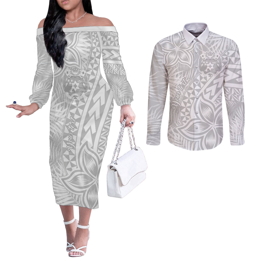 Personalised Tonga White Sunday Couples Matching Off The Shoulder Long Sleeve Dress and Long Sleeve Button Shirts Tropical Plant With Polynesian Pattern LT9 White - Polynesian Pride