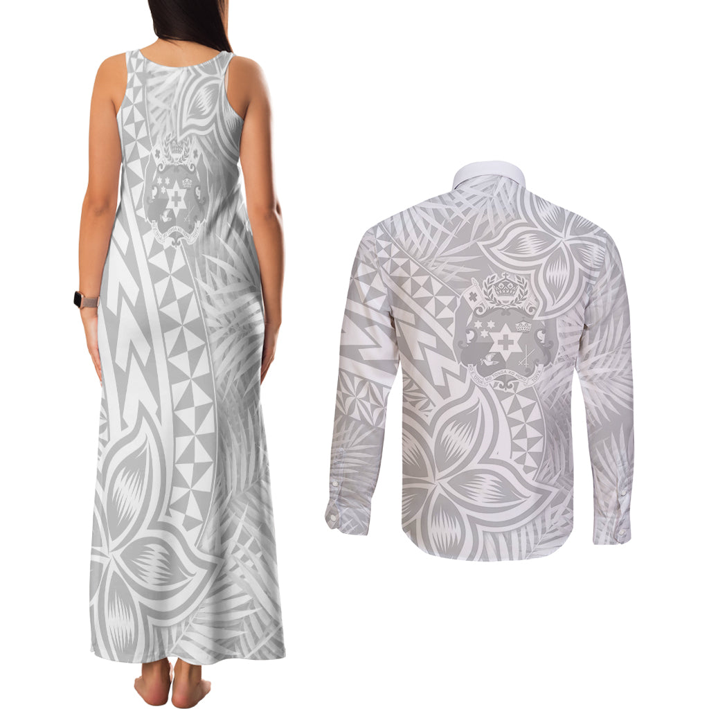 Personalised Tonga White Sunday Couples Matching Tank Maxi Dress and Long Sleeve Button Shirts Tropical Plant With Polynesian Pattern LT9 - Polynesian Pride