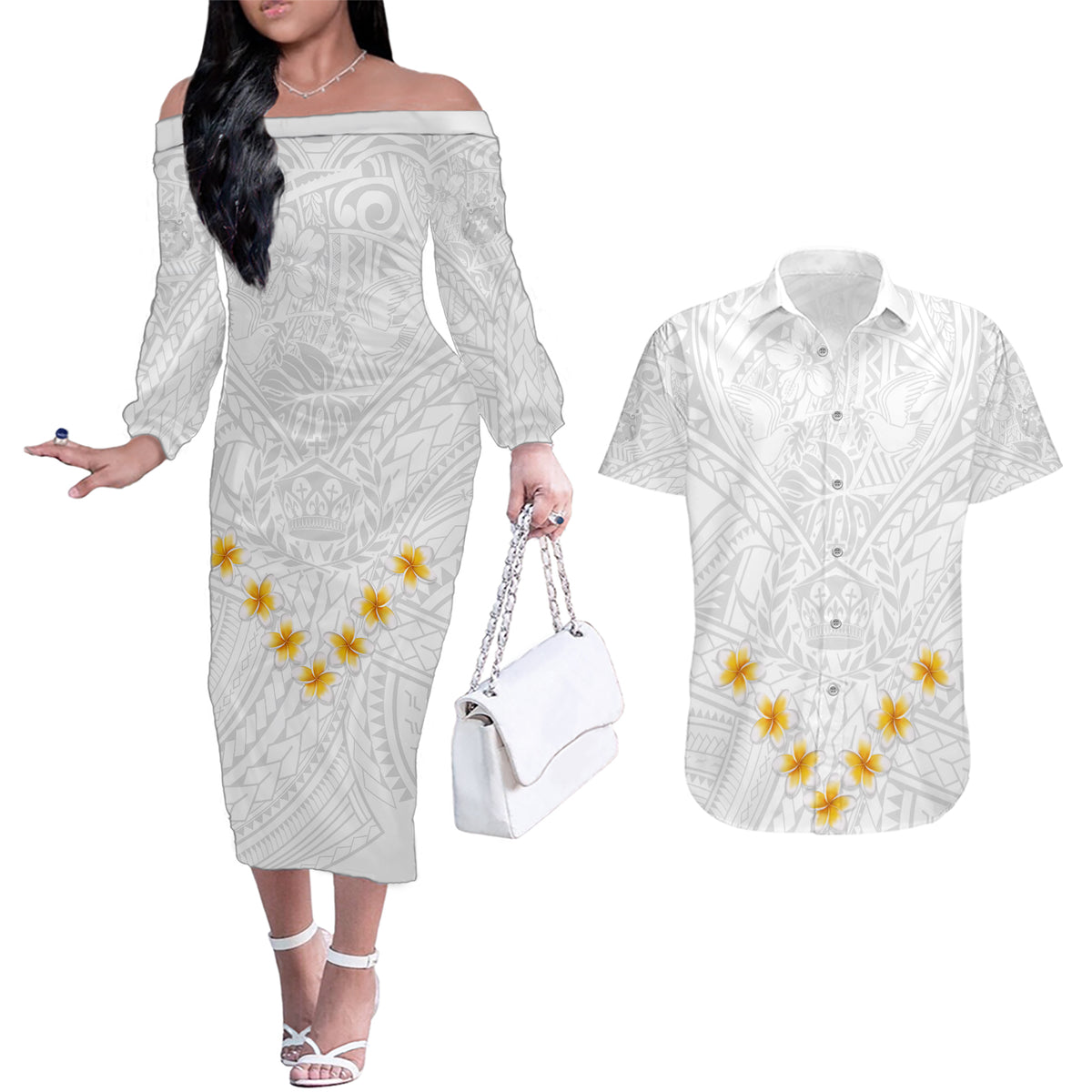 Tonga White Sunday Couples Matching Off The Shoulder Long Sleeve Dress and Hawaiian Shirt Polynesian Plumeria Tribal Simple LT9 White - Polynesian Pride