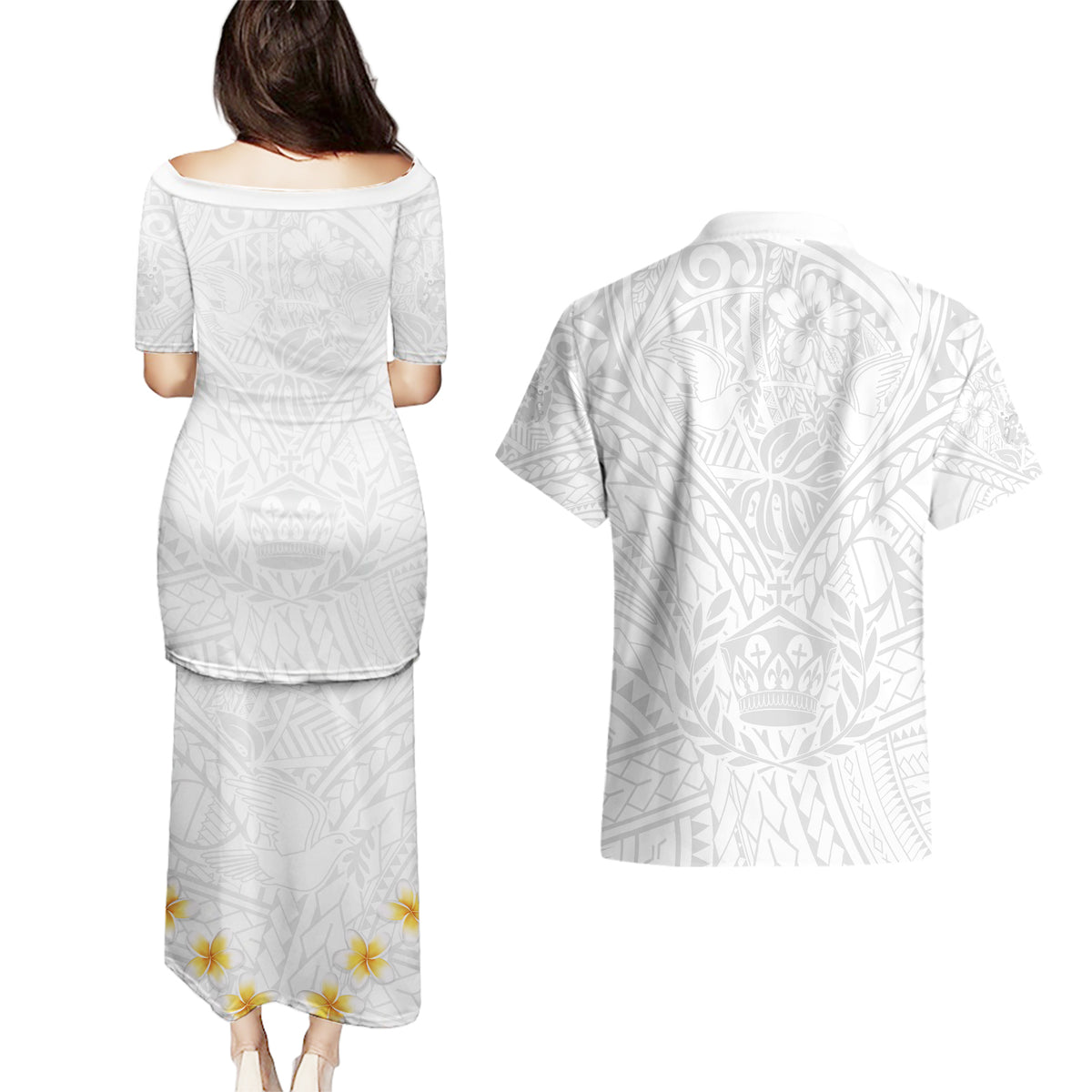 Tonga White Sunday Couples Matching Puletasi Dress and Hawaiian Shirt Polynesian Plumeria Tribal Simple LT9 - Polynesian Pride
