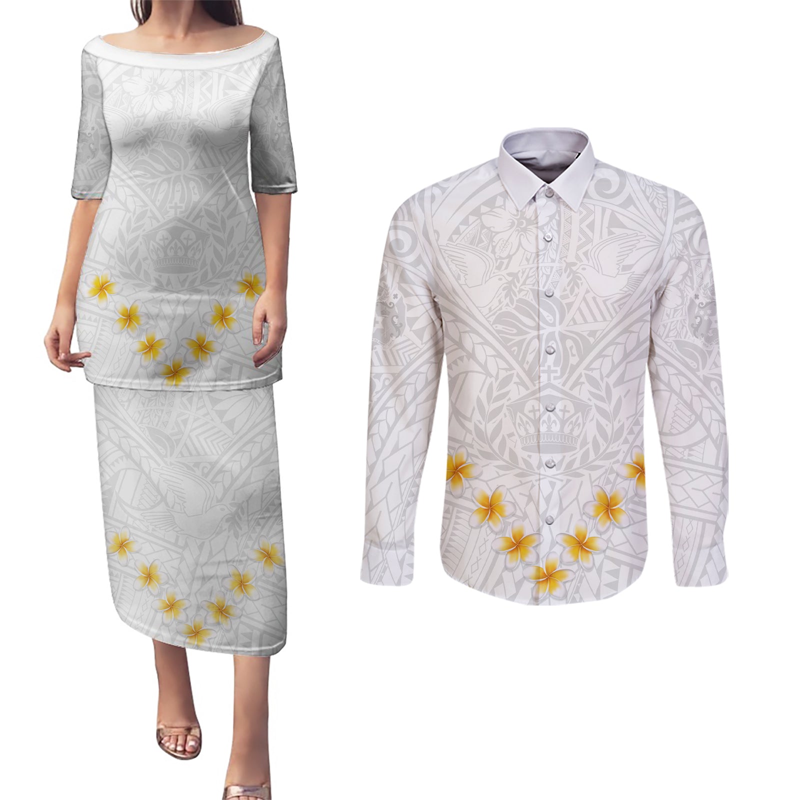 Tonga White Sunday Couples Matching Puletasi Dress and Long Sleeve Button Shirts Polynesian Plumeria Tribal Simple LT9 White - Polynesian Pride