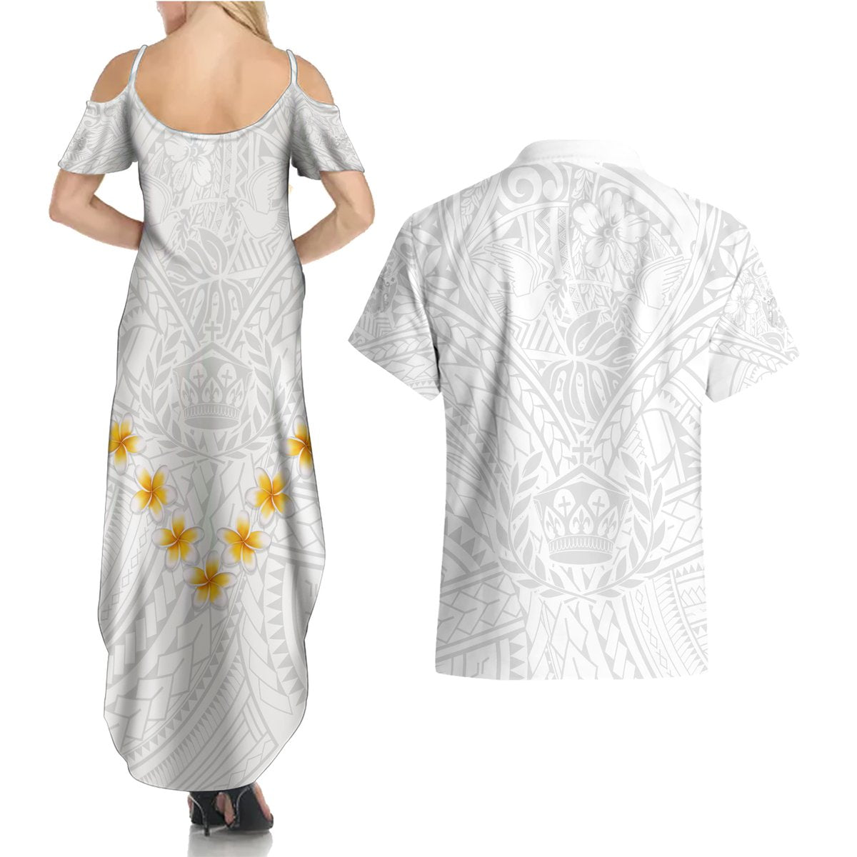 Tonga White Sunday Couples Matching Summer Maxi Dress and Hawaiian Shirt Polynesian Plumeria Tribal Simple LT9 - Polynesian Pride