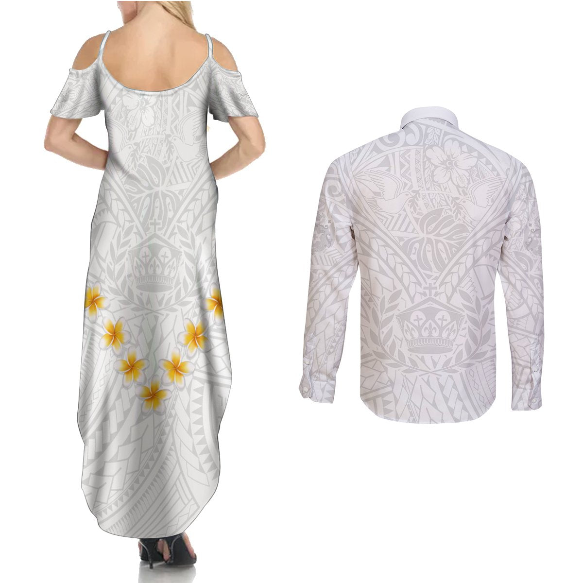 Tonga White Sunday Couples Matching Summer Maxi Dress and Long Sleeve Button Shirts Polynesian Plumeria Tribal Simple LT9 - Polynesian Pride