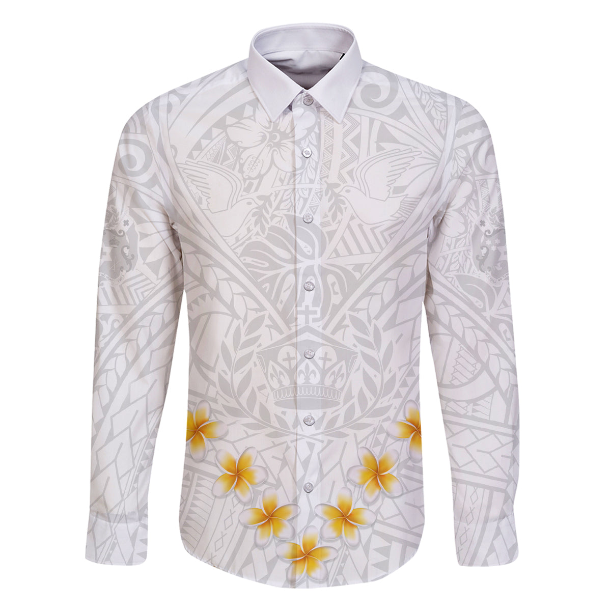 Tonga White Sunday Family Matching Off Shoulder Long Sleeve Dress and Hawaiian Shirt Polynesian Plumeria Tribal Simple LT9 Dad's Shirt - Long Sleeve White - Polynesian Pride