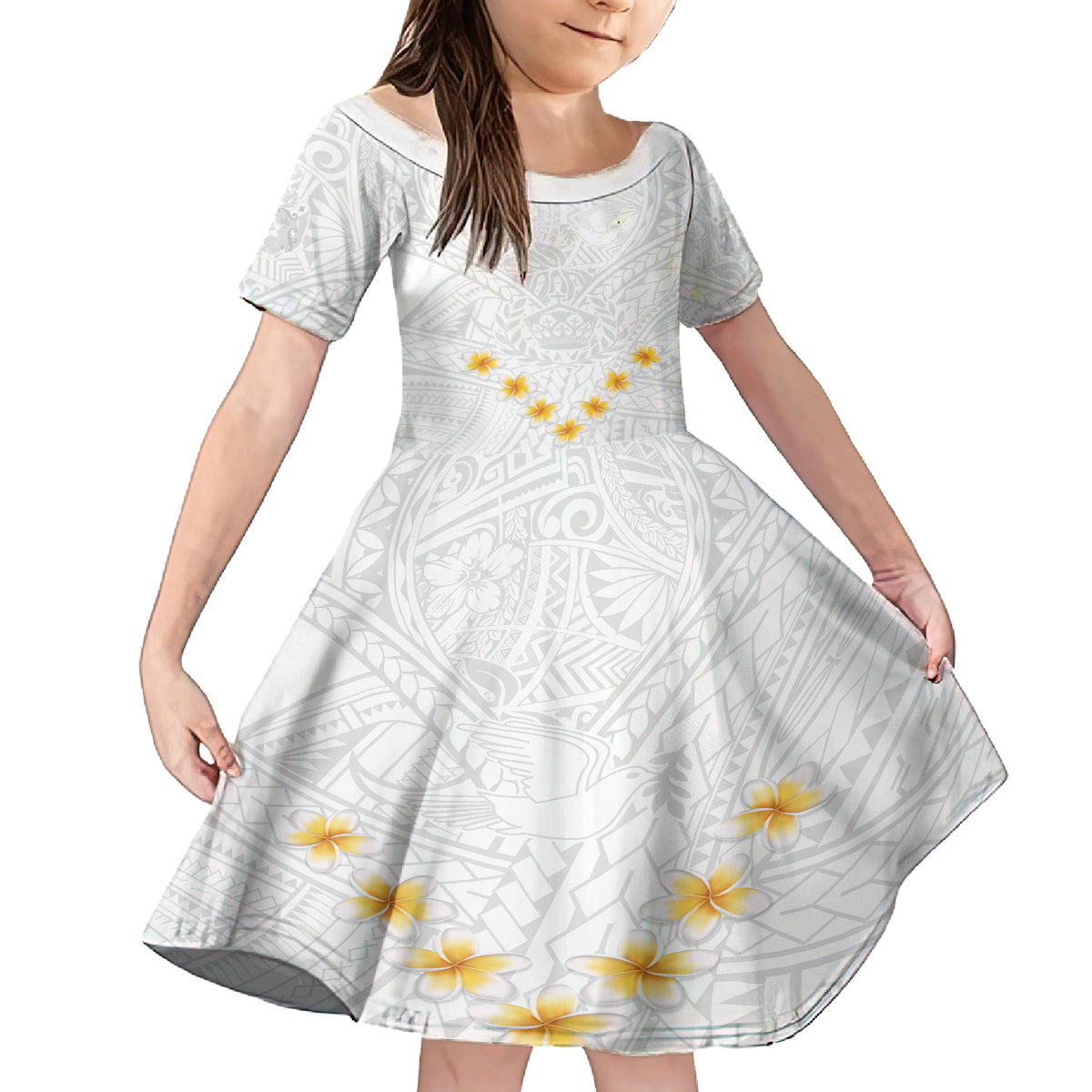 Tonga White Sunday Family Matching Off Shoulder Maxi Dress and Hawaiian Shirt Polynesian Plumeria Tribal Simple LT9 Daughter's Dress White - Polynesian Pride