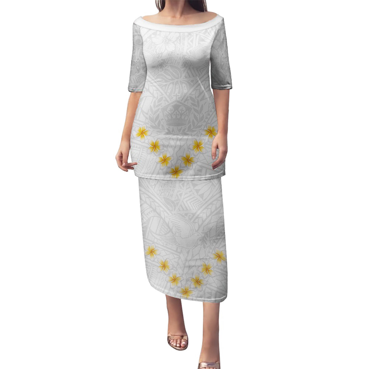 Tonga White Sunday Family Matching Puletasi Dress and Hawaiian Shirt Polynesian Plumeria Tribal Simple LT9 Mom's Dress White - Polynesian Pride