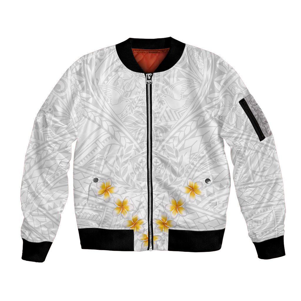 Tonga White Sunday Sleeve Zip Bomber Jacket Polynesian Plumeria Tribal Simple LT9 Unisex White - Polynesian Pride