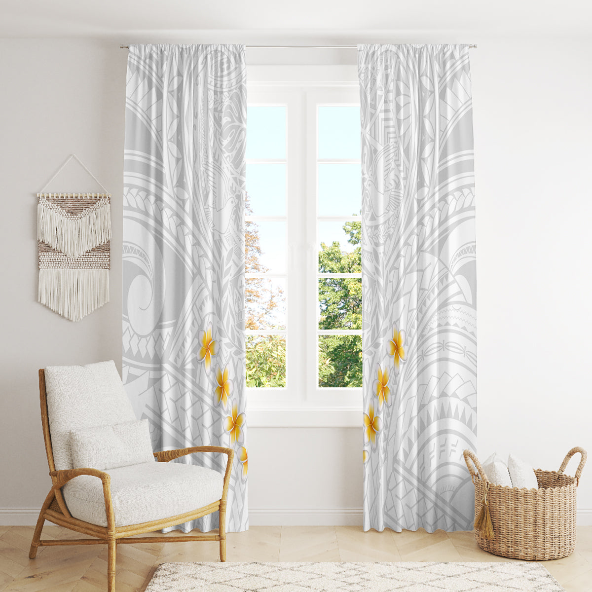 Tonga White Sunday Window Curtain Polynesian Plumeria Tribal Simple LT9 - Polynesian Pride