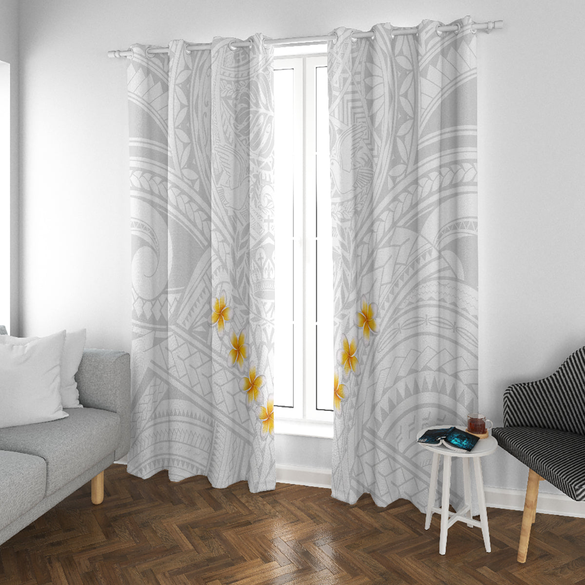 Tonga White Sunday Window Curtain Polynesian Plumeria Tribal Simple LT9 - Polynesian Pride