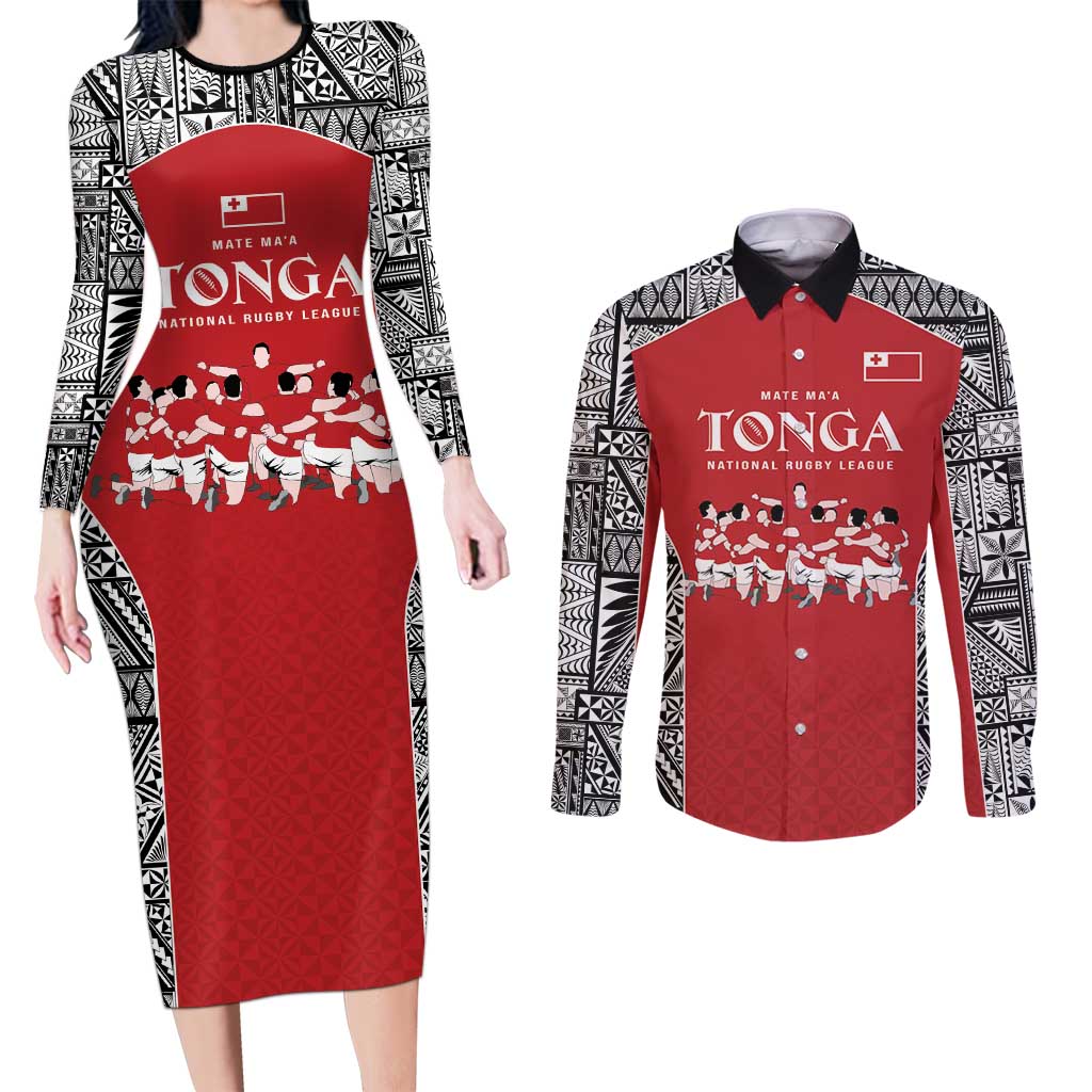 Custom Tonga Rugby Mate Ma'a Couples Matching Long Sleeve Bodycon Dress and Long Sleeve Button Shirt Tonga XIII Make History Pacific Champions
