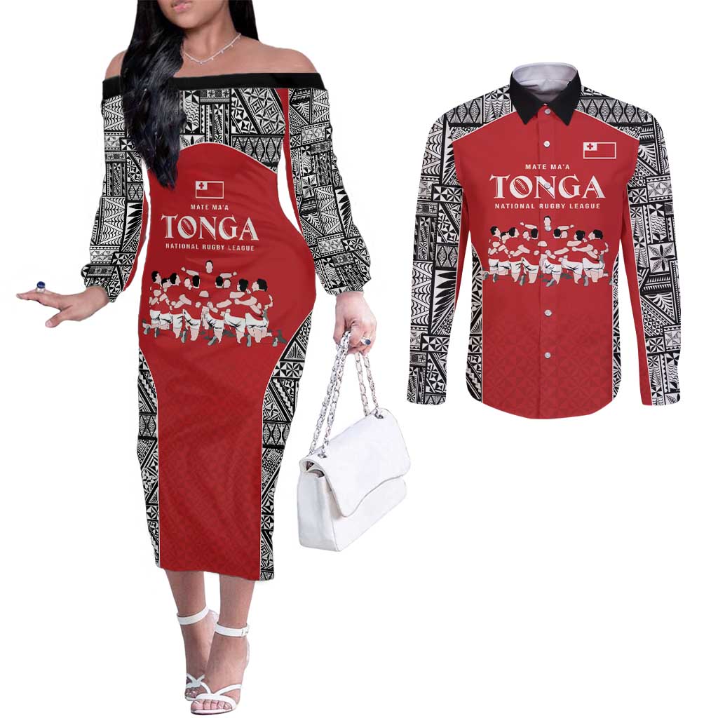 Custom Tonga Rugby Mate Ma'a Couples Matching Off The Shoulder Long Sleeve Dress and Long Sleeve Button Shirt Tonga XIII Make History Pacific Champions