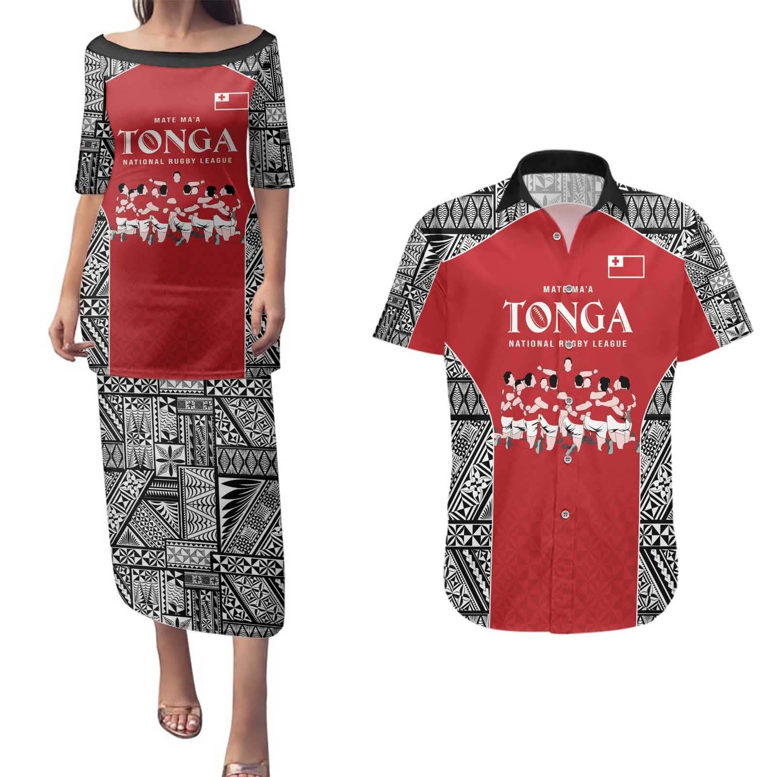 Custom Tonga Rugby Mate Ma'a Couples Matching Puletasi and Hawaiian Shirt Tonga XIII Make History Pacific Champions