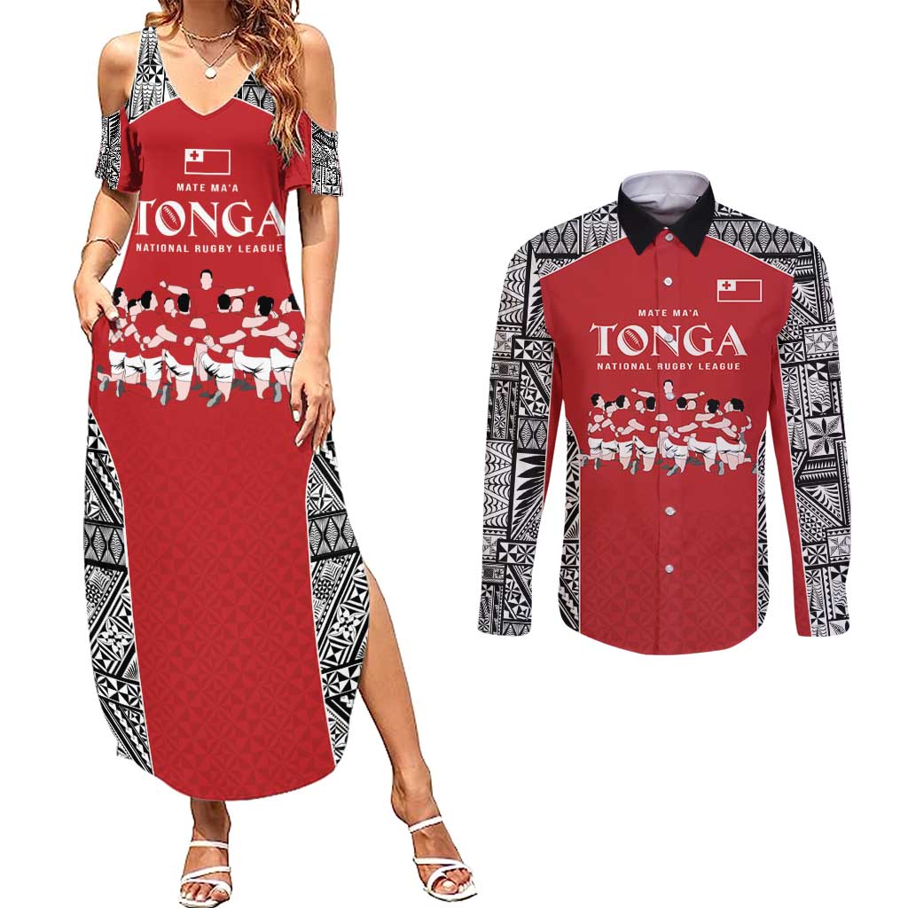 Custom Tonga Rugby Mate Ma'a Couples Matching Summer Maxi Dress and Long Sleeve Button Shirt Tonga XIII Make History Pacific Champions