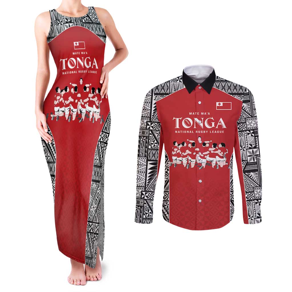 Custom Tonga Rugby Mate Ma'a Couples Matching Tank Maxi Dress and Long Sleeve Button Shirt Tonga XIII Make History Pacific Champions