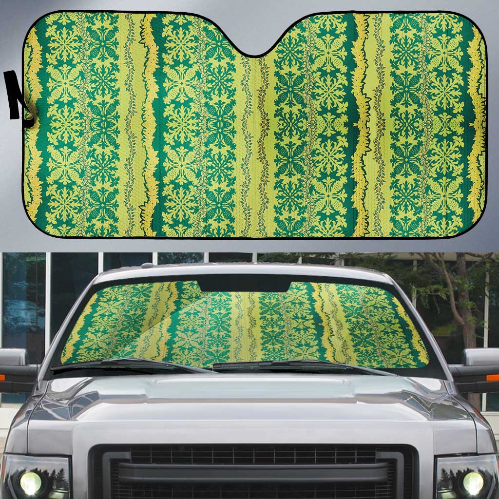Hawaii Lei with Tribal Quilt Motif Auto Sun Shade LT9 Green - Polynesian Pride