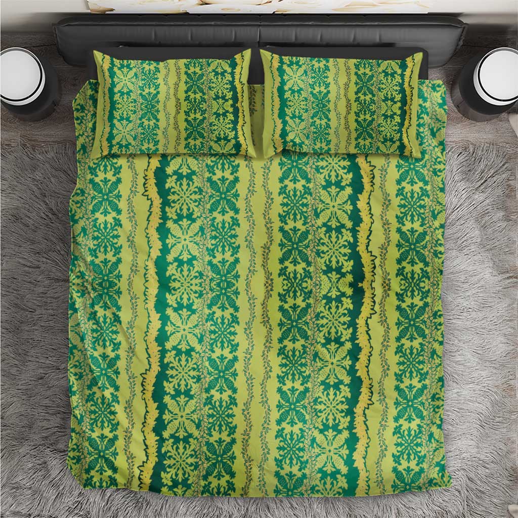 Hawaii Lei with Tribal Quilt Motif Bedding Set LT9 Green - Polynesian Pride