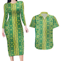 Hawaii Lei with Tribal Quilt Motif Couples Matching Long Sleeve Bodycon Dress and Hawaiian Shirt LT9 Green - Polynesian Pride
