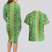 Hawaii Lei with Tribal Quilt Motif Couples Matching Long Sleeve Bodycon Dress and Hawaiian Shirt LT9 - Polynesian Pride