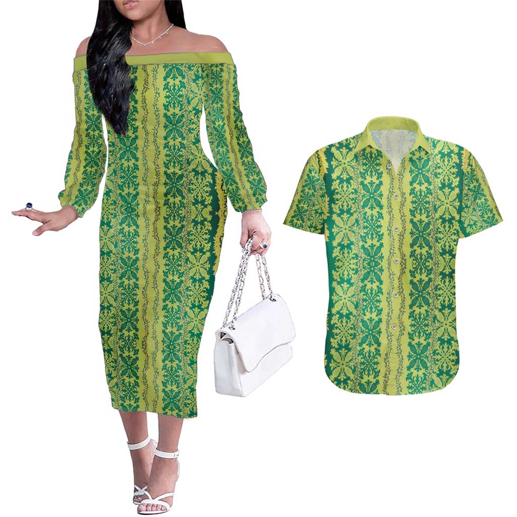 Hawaii Lei with Tribal Quilt Motif Couples Matching Off The Shoulder Long Sleeve Dress and Hawaiian Shirt LT9 Green - Polynesian Pride