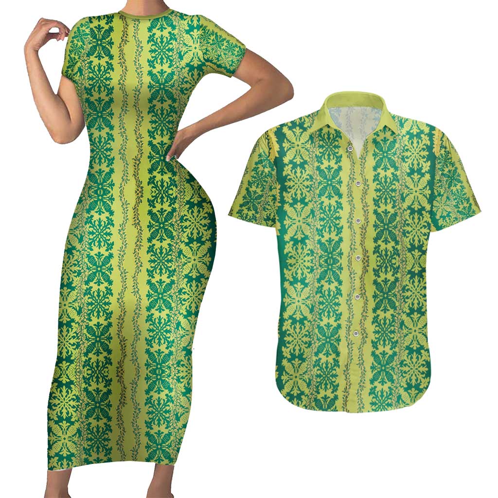 Hawaii Lei with Tribal Quilt Motif Couples Matching Short Sleeve Bodycon Dress and Hawaiian Shirt LT9 Green - Polynesian Pride