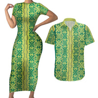 Hawaii Lei with Tribal Quilt Motif Couples Matching Short Sleeve Bodycon Dress and Hawaiian Shirt LT9 Green - Polynesian Pride