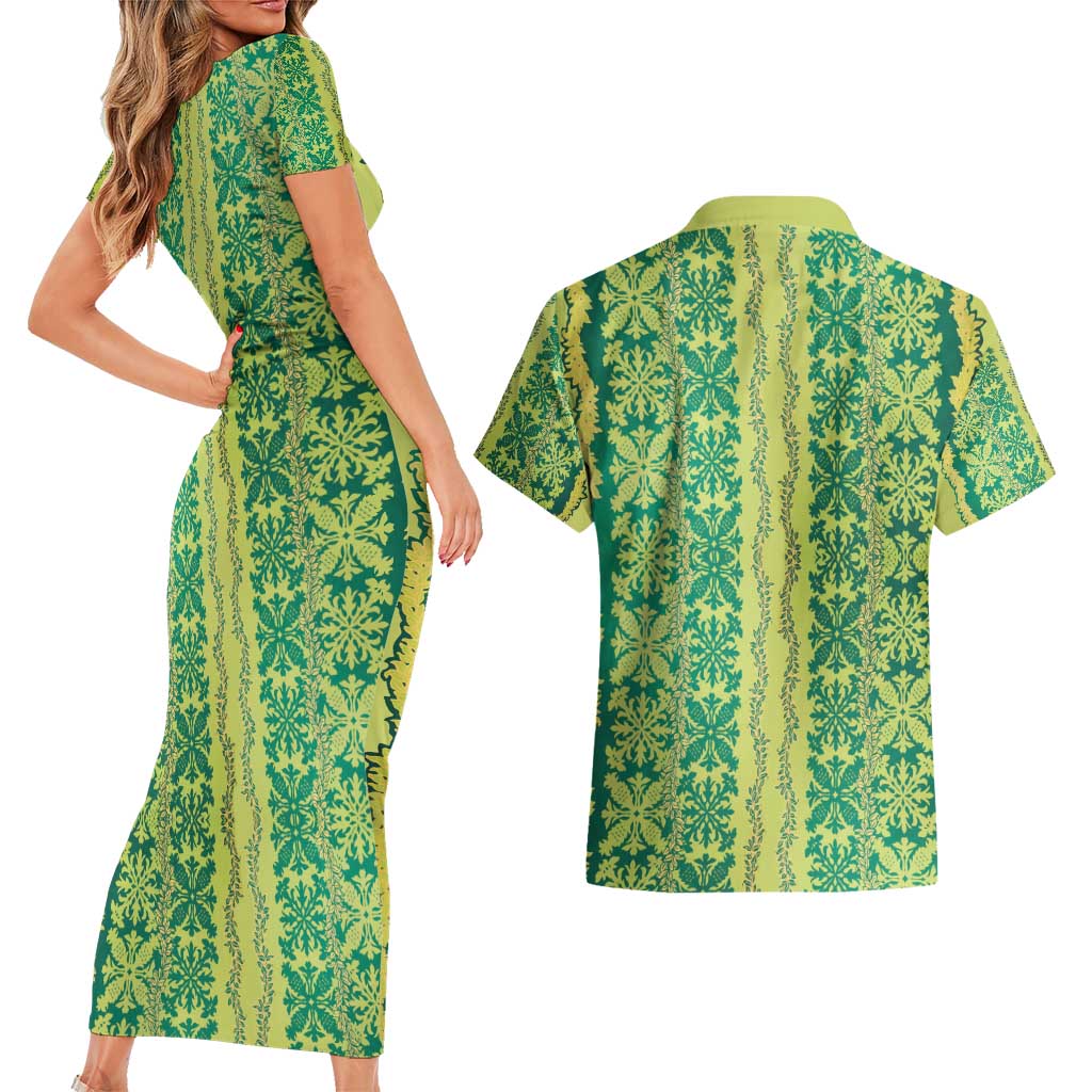 Hawaii Lei with Tribal Quilt Motif Couples Matching Short Sleeve Bodycon Dress and Hawaiian Shirt LT9 - Polynesian Pride