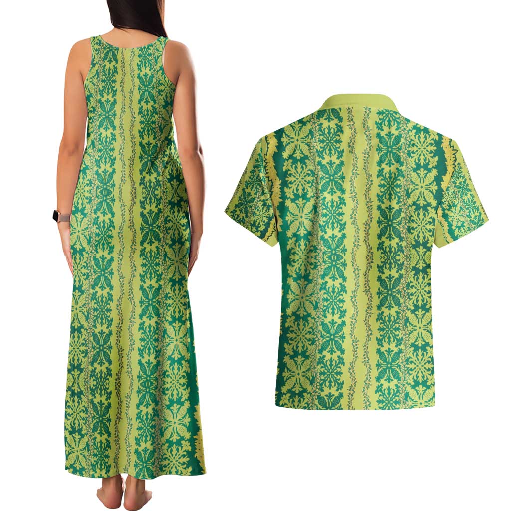Hawaii Lei with Tribal Quilt Motif Couples Matching Tank Maxi Dress and Hawaiian Shirt