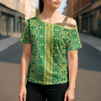 Hawaii Lei with Tribal Quilt Motif Cross Shoulder Shirt - Polynesian Pride