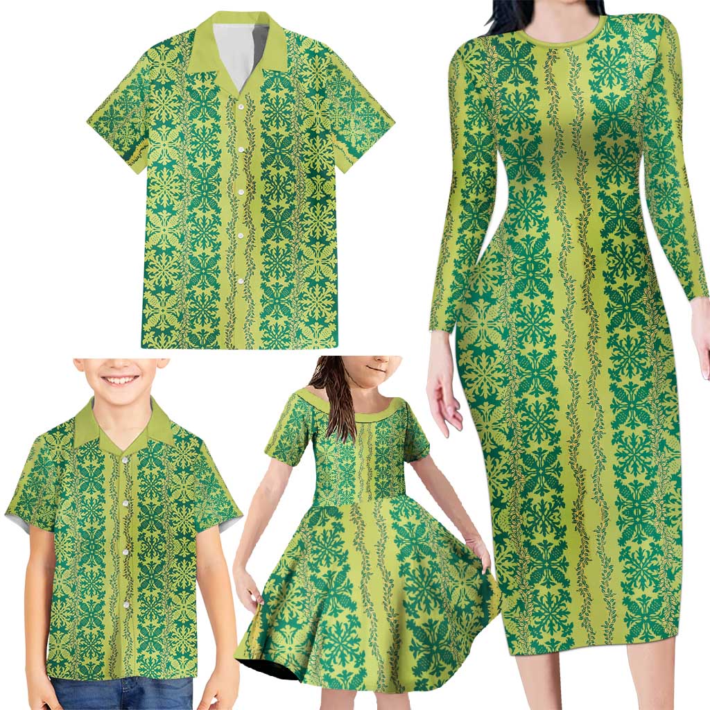 Hawaii Lei with Tribal Quilt Motif Family Matching Long Sleeve Bodycon Dress and Hawaiian Shirt LT9 - Polynesian Pride