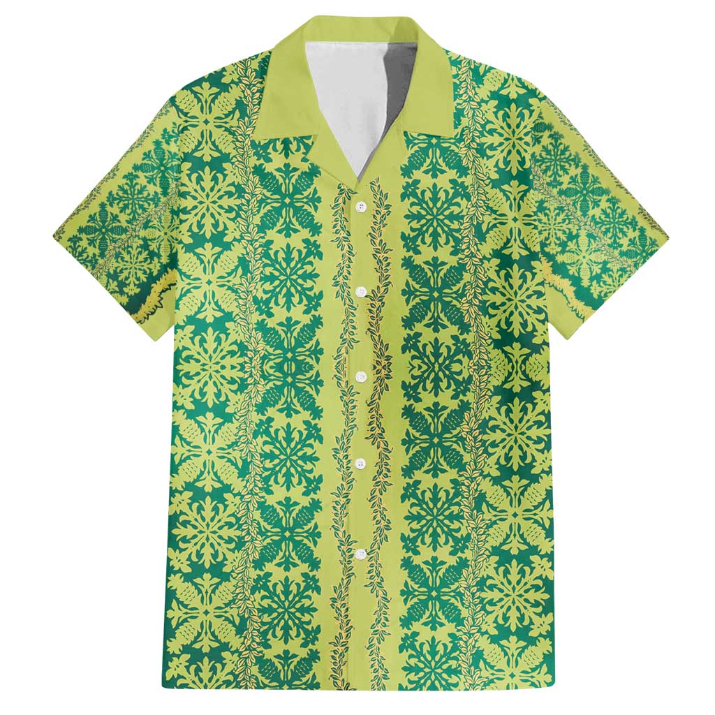 Hawaii Lei with Tribal Quilt Motif Family Matching Long Sleeve Bodycon Dress and Hawaiian Shirt LT9 Dad's Shirt - Short Sleeve Green - Polynesian Pride