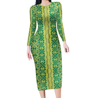 Hawaii Lei with Tribal Quilt Motif Family Matching Long Sleeve Bodycon Dress and Hawaiian Shirt LT9 Mom's Dress Green - Polynesian Pride