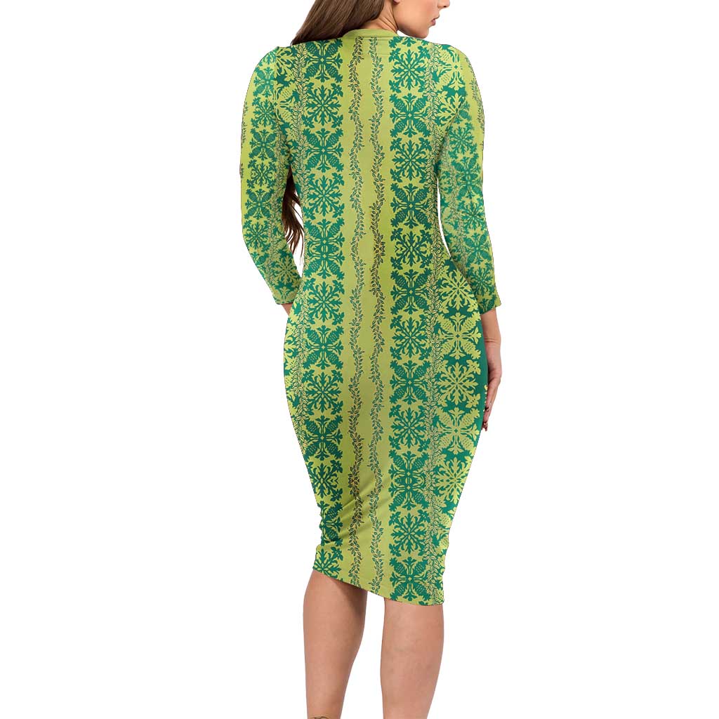 Hawaii Lei with Tribal Quilt Motif Family Matching Long Sleeve Bodycon Dress and Hawaiian Shirt LT9 - Polynesian Pride